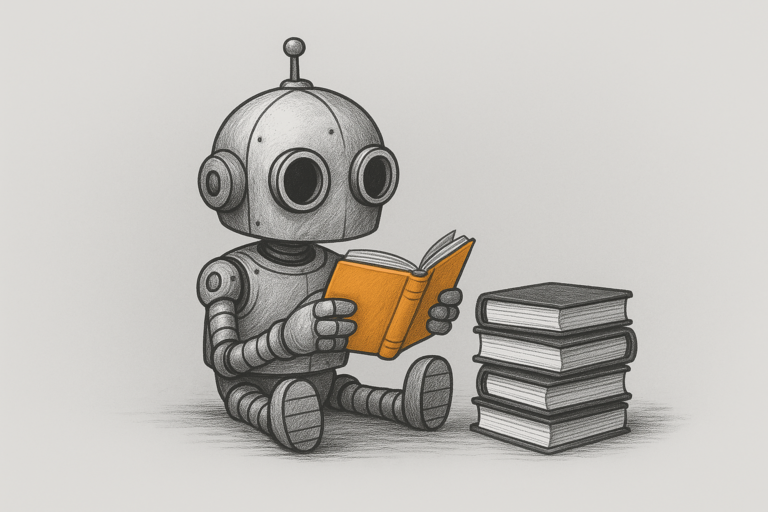 Robot aprendiendo con un libro naranja